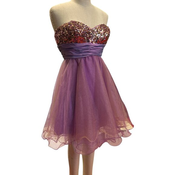Strapless Sequined Chicas Dress S Purple Tulle & Satin Made In China Short Prom - Picture 3 of 9